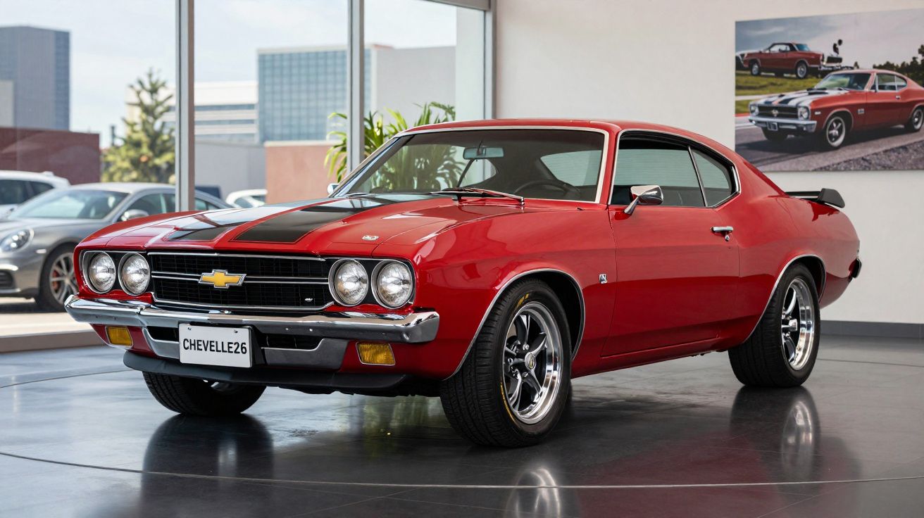 Carro clássico Chevrolet Chevelle vermelho com faixa preta em exposição em showroom moderno.