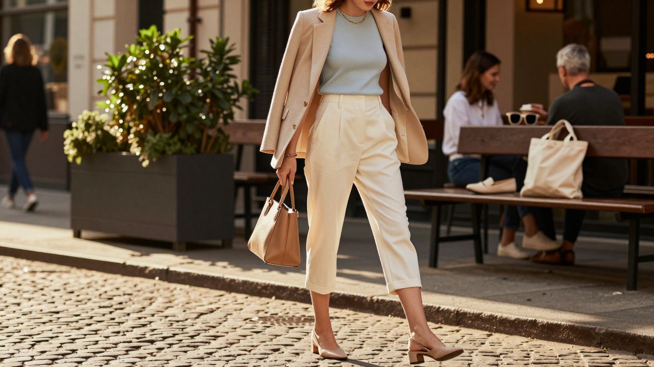 Mulher caminhando na calçada com look casual chic em tons neutros e bolsa bege na mão.