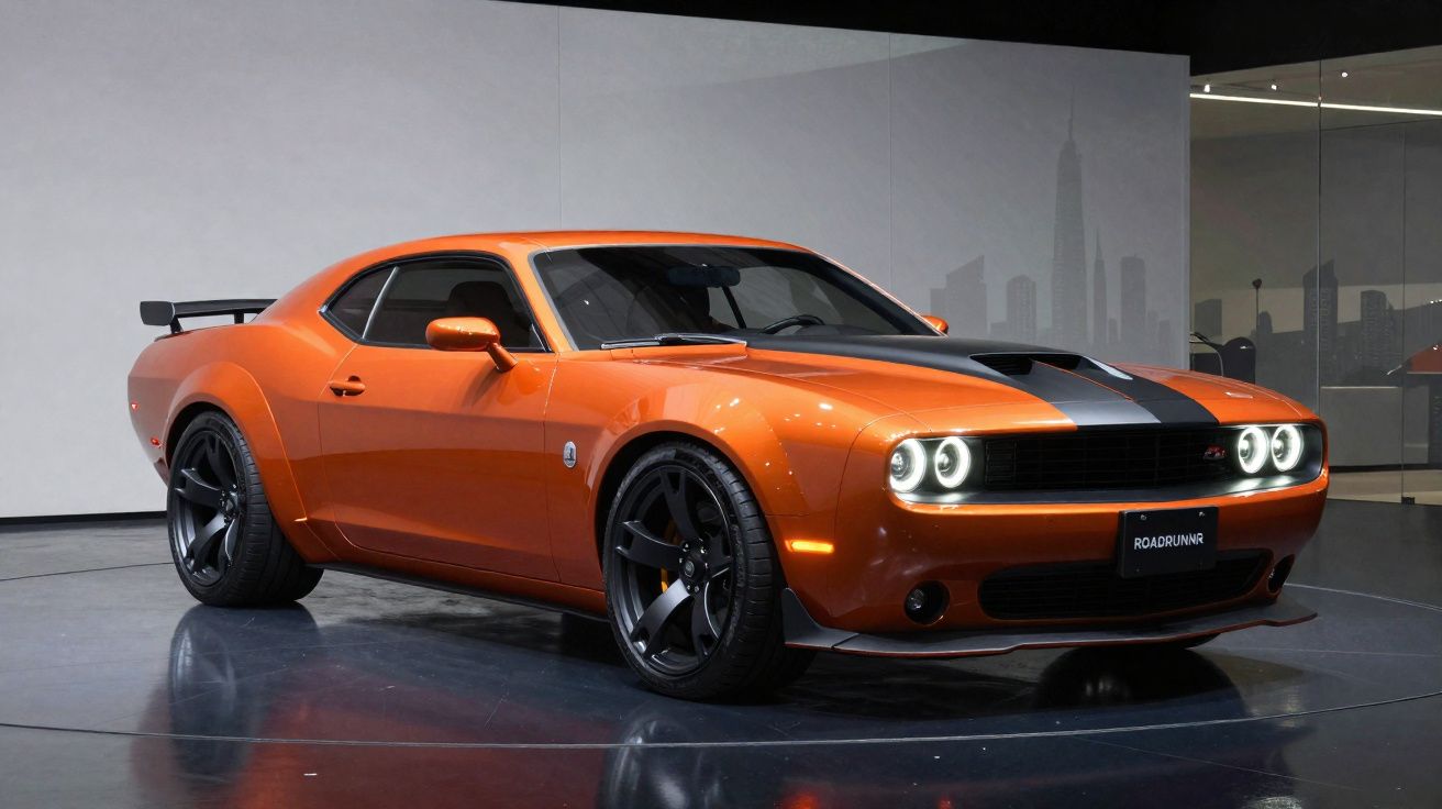 Carro esportivo laranja com faixa preta e faróis acesos em exposição interna moderna.
