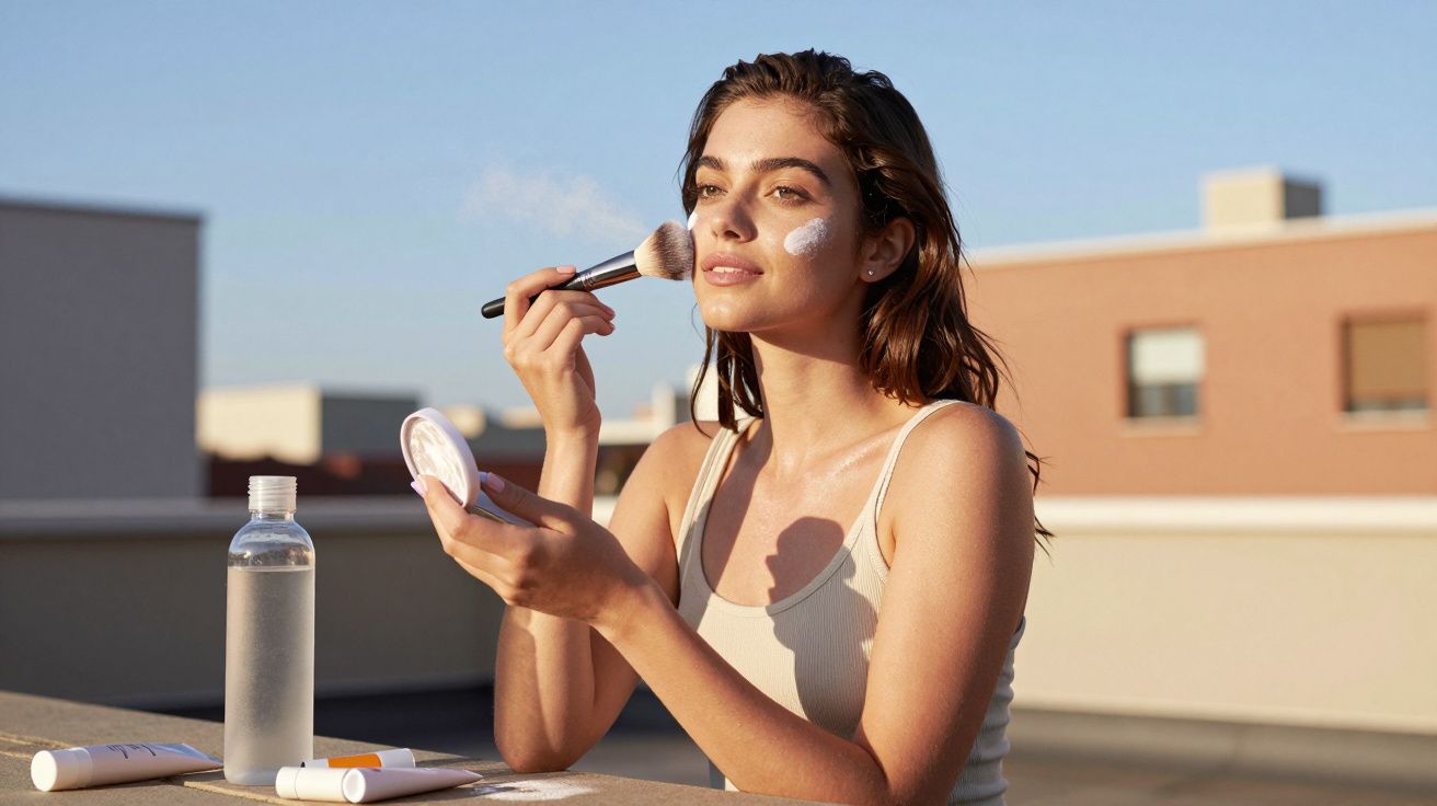 Mulher jovem aplicando maquiagem no rosto com pincel em área externa sob luz natural do sol.