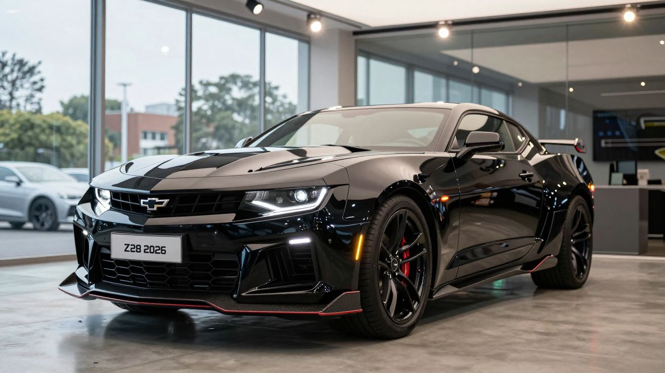 Carro esportivo Chevrolet Camaro Z28 preto exibido em showroom iluminado e moderno.