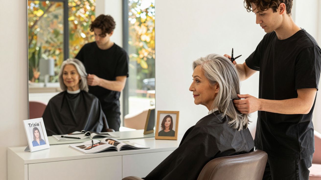 Mulher idosa recebendo corte de cabelo masculino em salão moderno com espelho e fotos na mesa.