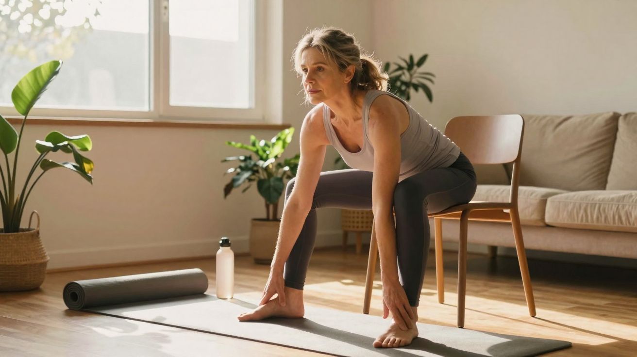 Mulher fazendo alongamento sentada em cadeira em sala iluminada com tapete de yoga e plantas.