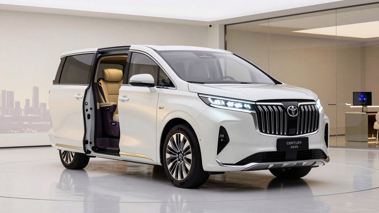 Van branca Toyota Century 2026 com porta lateral aberta, interior bege luxuoso, em sala moderna.