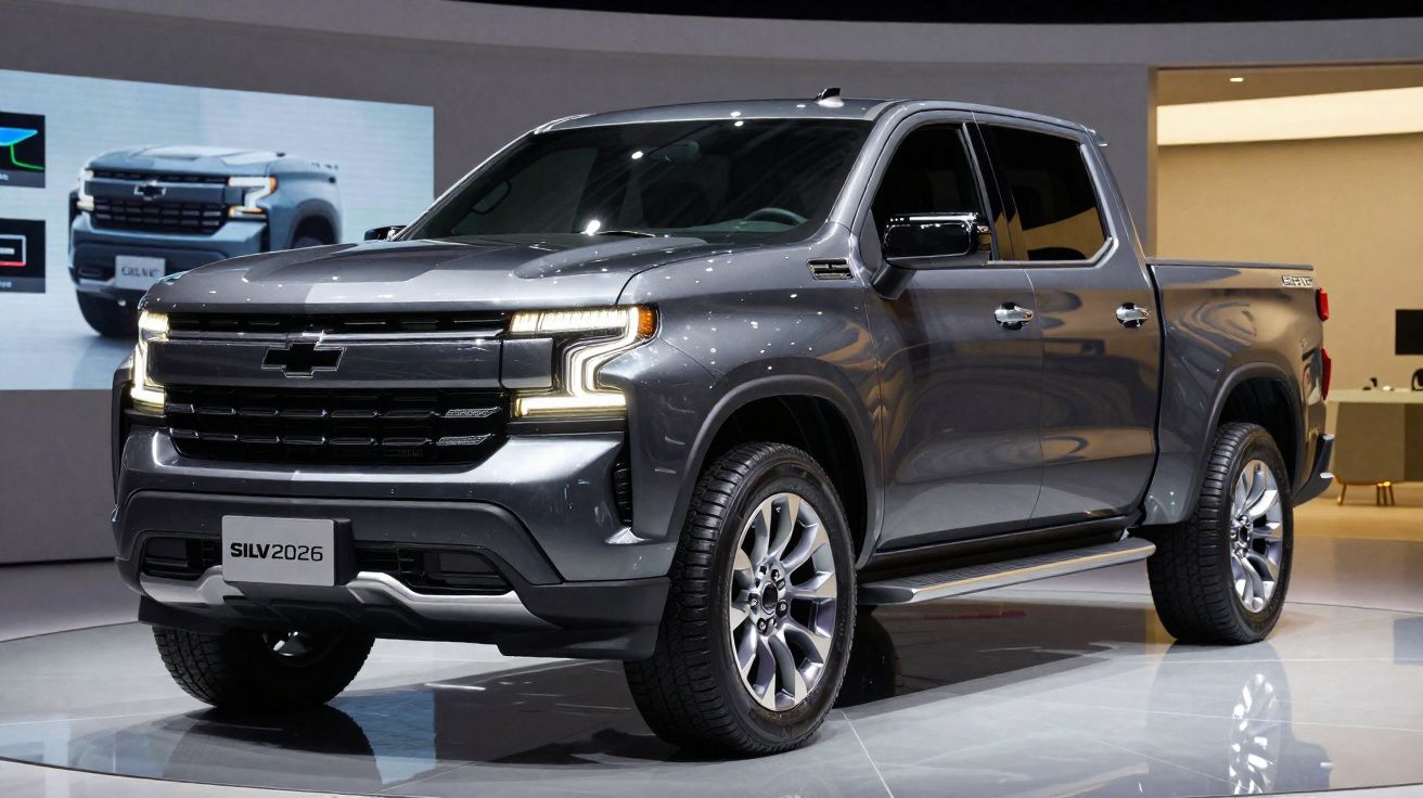 Picape Chevrolet prata silv2026 exibida em salão automotivo com iluminação refletida na pintura.