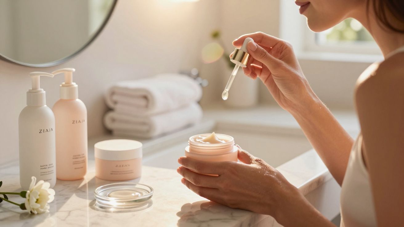 Mulher aplicando serum com conta-gotas em creme facial no banheiro com produtos de beleza.