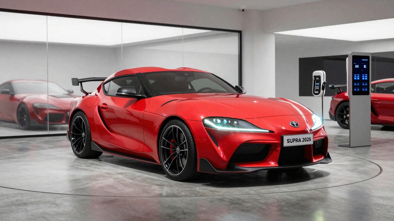 Carro esportivo Toyota Supra 2026 vermelho em ambiente moderno com parede espelhada e estação de recarga elétrica.