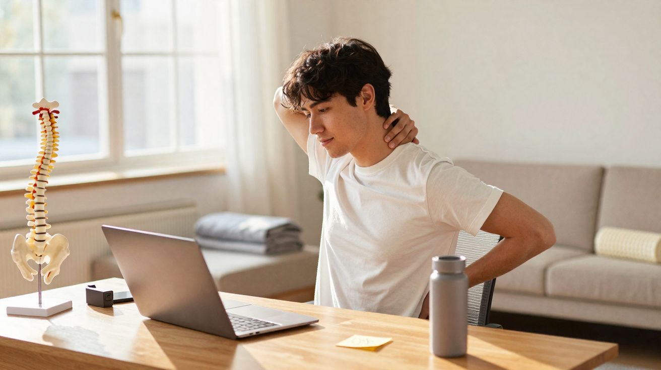 Jovem senta-se à mesa, com dor nas costas e no pescoço, laptop e modelo de coluna ao lado.