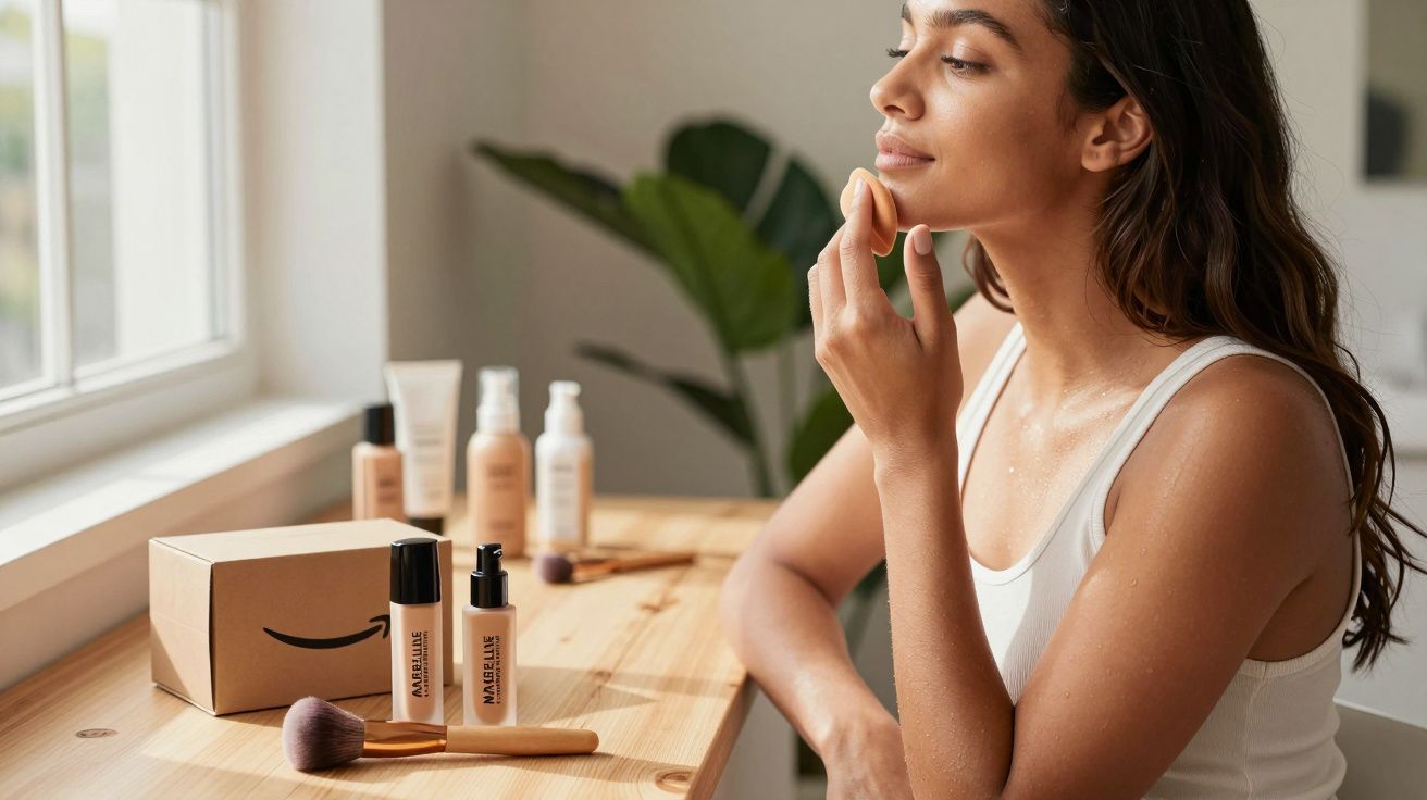 Mulher aplicando maquiagem com esponja, ao lado de diversos produtos e pincéis sobre mesa de madeira.