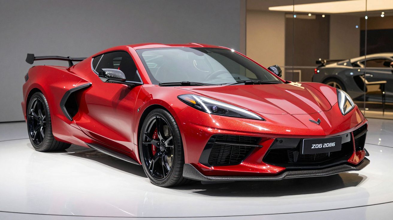 Carro esportivo vermelho com linhas aerodinâmicas em exposição interna com rodas pretas.