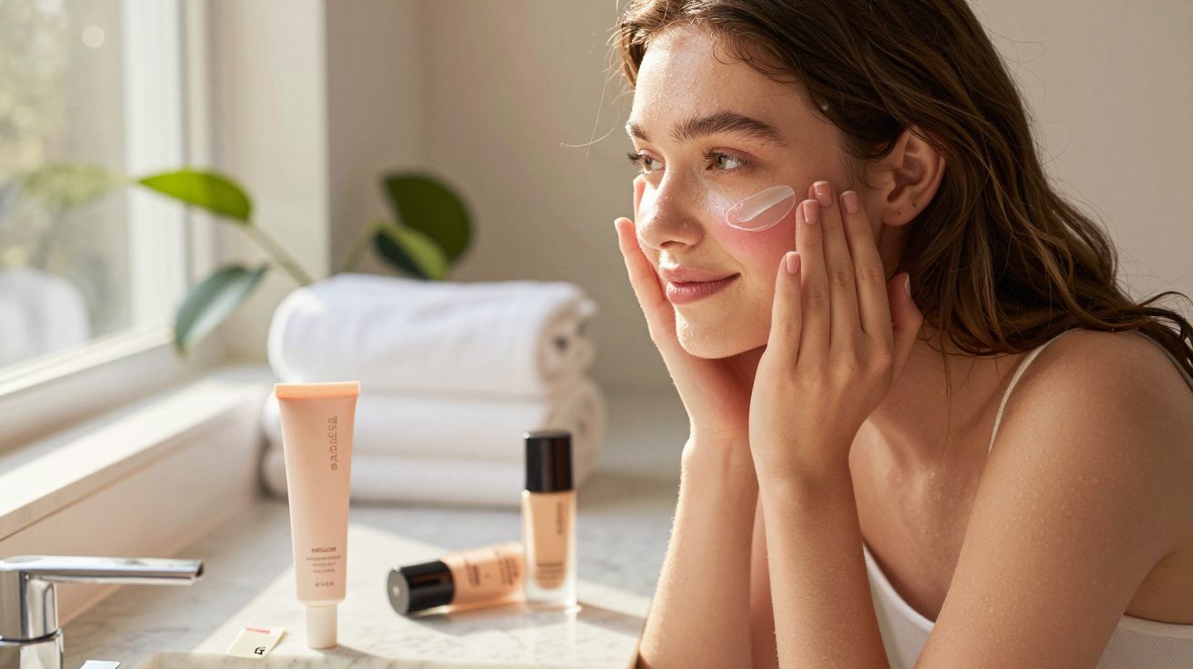 Mulher aplicando creme facial com produtos de beleza sobre pia iluminada por luz natural.
