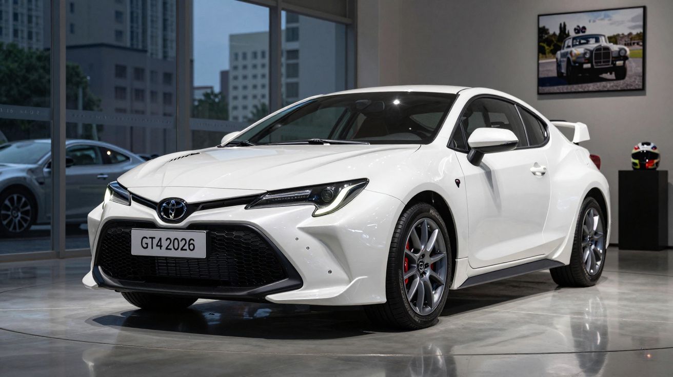 Carro esportivo branco Toyota GT4 2026 em exposição interna com pintura brilhante e rodas cinza.