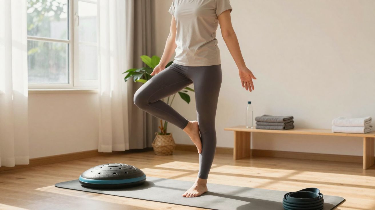 Pessoa fazendo exercício de equilíbrio em ambiente iluminado e acolhedor, com tapete e acessórios de yoga.