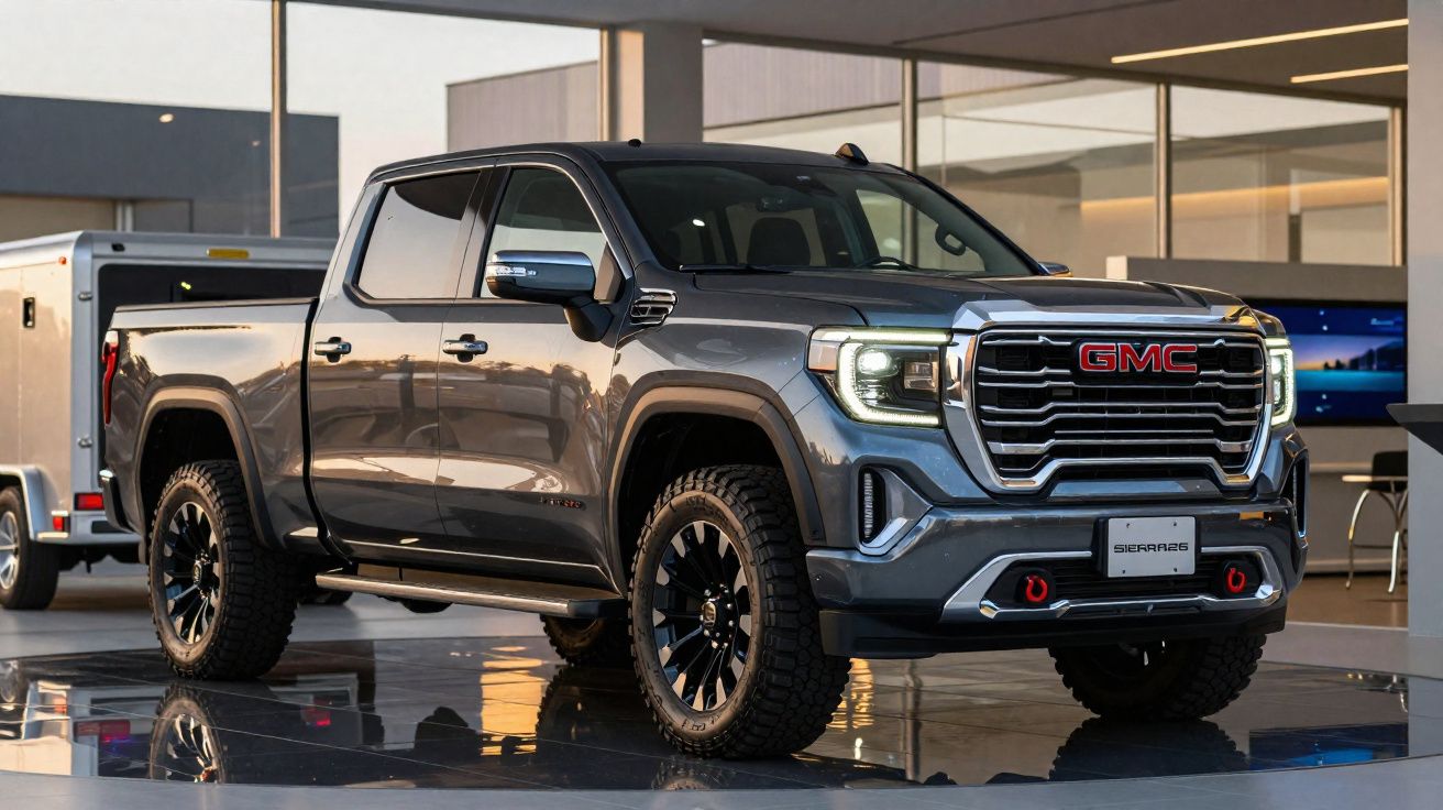 Picape GMC Sierra cinza estacionada em showroom moderno com piso refletivo.