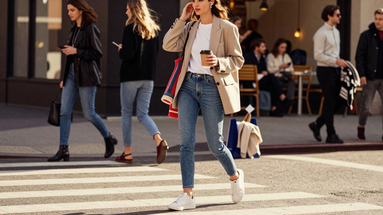 Mulher jovem cruzando a rua com café na mão, usando blazer bege, camiseta branca e jeans azul.