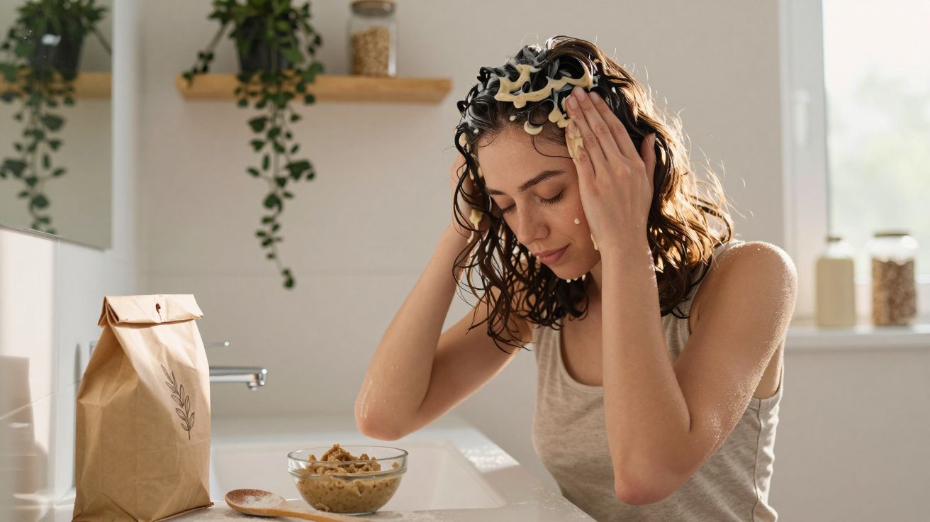 Mulher aplicando máscara capilar em cabelos molhados na cozinha com produtos naturais ao redor.