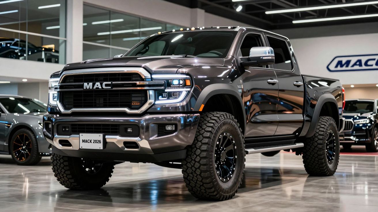Picape preta MAC 2026 exibida em showroom com pneus off-road robustos e design moderno.