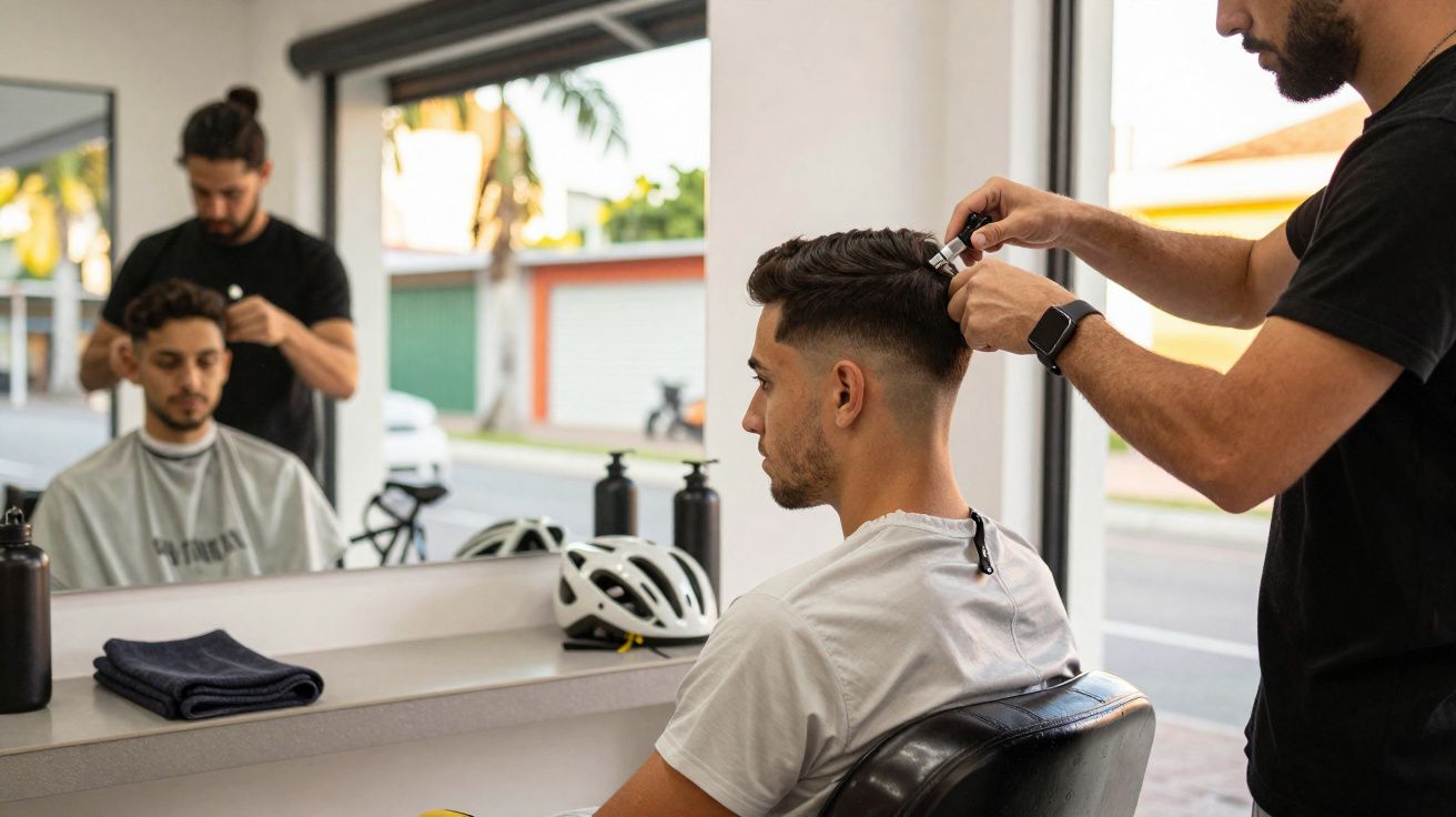 Homem cortando o cabelo de outro cliente em salão com espelho e capacete sobre a mesa.