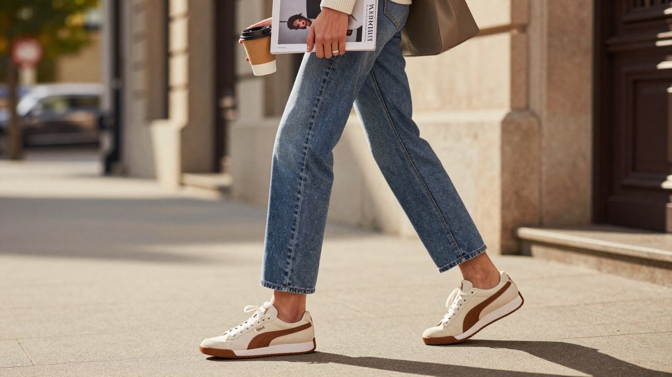 Pessoa caminhando na calçada usando tênis branco e marrom e jeans azul, segurando café e revista.