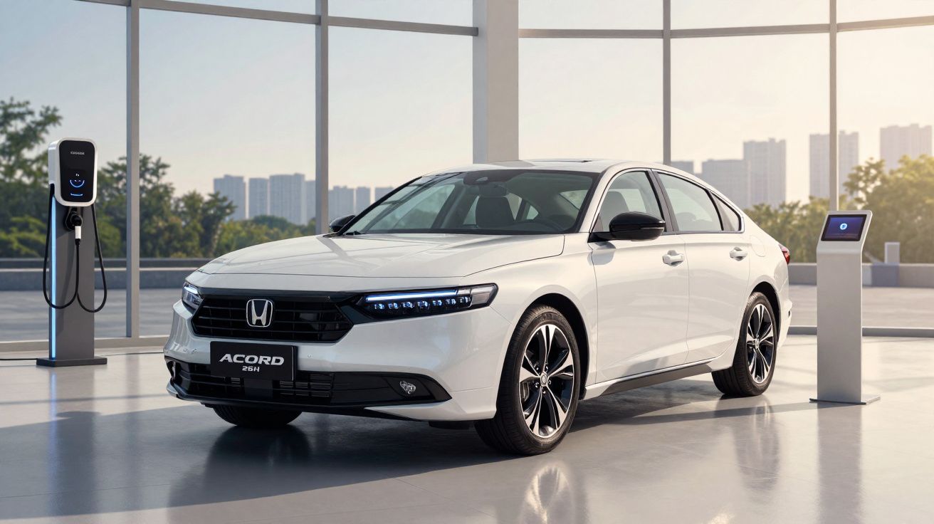Carro Honda Accord branco estacionado em ambiente moderno com carregador elétrico e painel touchscreen.