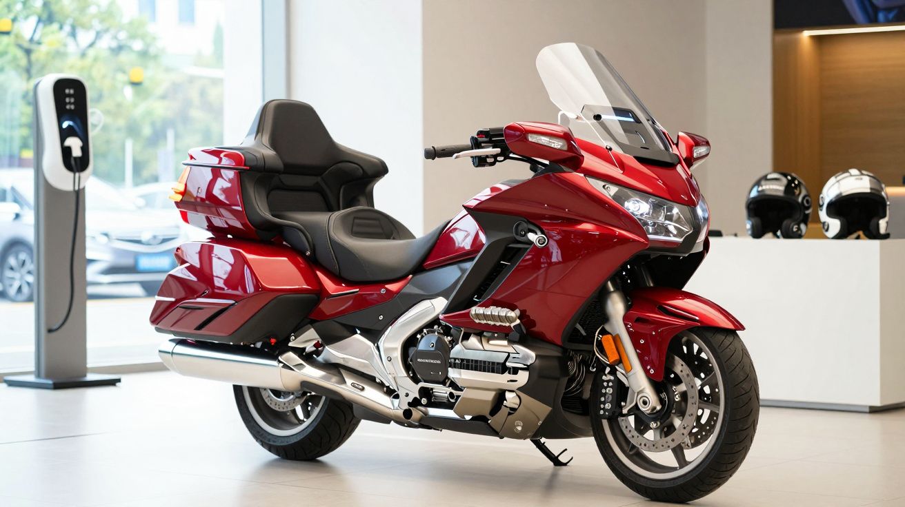 Motocicleta touring vermelha exibida em showroom moderno com capacetes e carregador elétrico ao fundo.