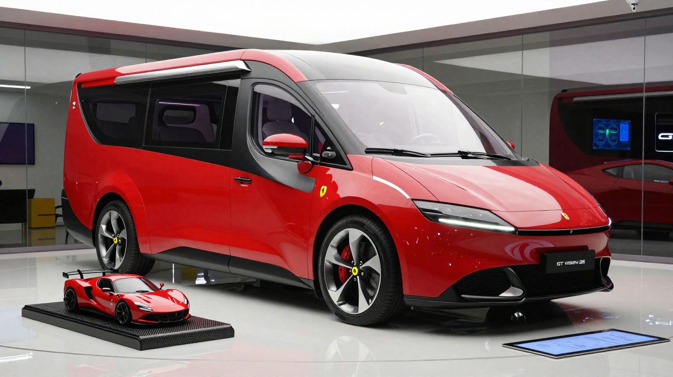 Minivan esportiva vermelha da Ferrari exposta em salão com modelo reduzido ao lado.