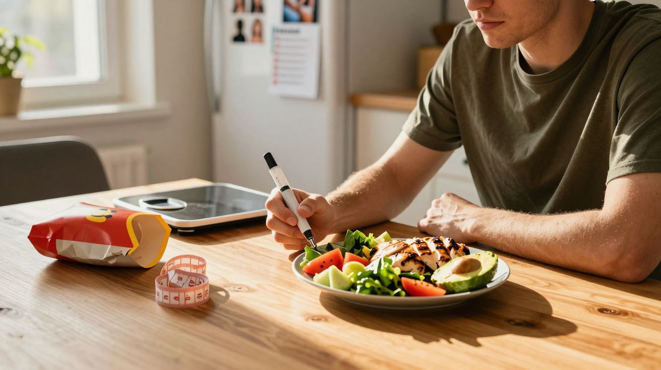Pessoa comendo salada com abacate e tomate, segurando caneta próxima à mesa com fita métrica e balança digital.