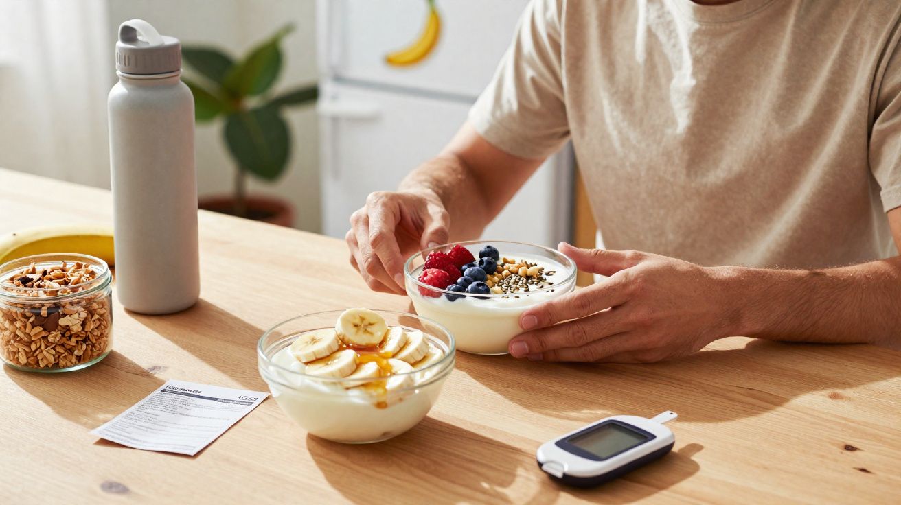 Pessoa segurando bowl de iogurte com frutas, granola e sementes em mesa com medidor de glicose e utensílios.