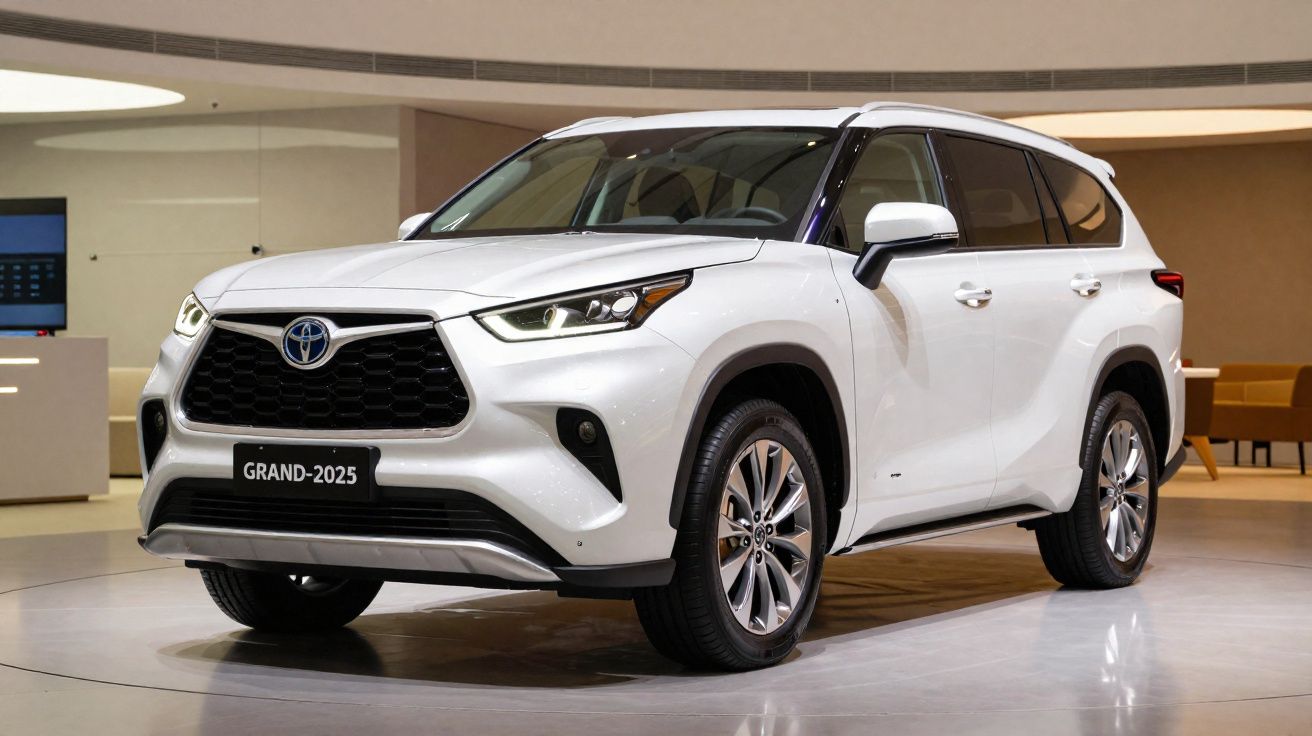 Carro SUV branco Toyota Grand 2025 em exibição interna com design moderno e faróis acesos.
