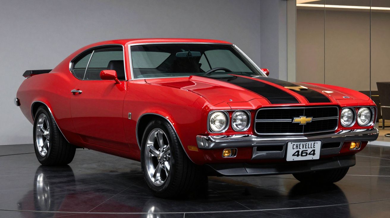 Carro clássico Chevrolet Chevelle vermelho com faixa preta, em exposição interna.