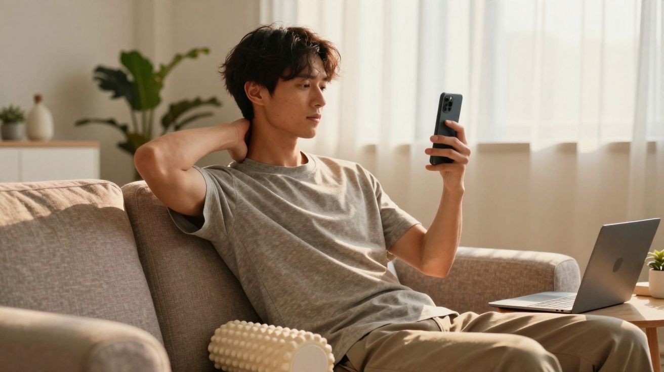 Homem sentado no sofá usando smartphone, com laptop e rolo massageador ao lado em ambiente iluminado.