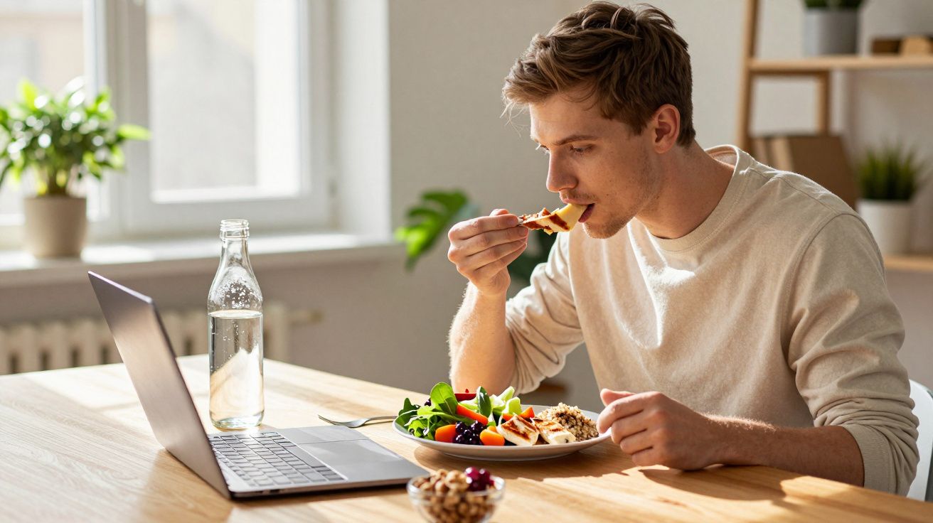 Homem com camiseta clara comendo pizza enquanto trabalha em laptop em mesa com garrafa de água.