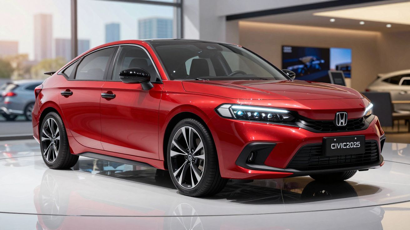 Carro vermelho Honda Civic 2025 em exposição com faróis acesos em ambiente interno moderno.