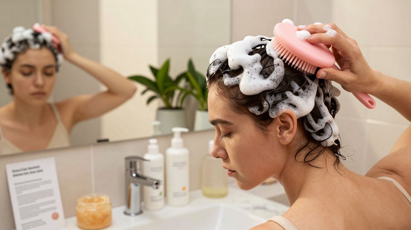 Mulher lavando o cabelo com escova e espuma de shampoo em banheiro espelhado.