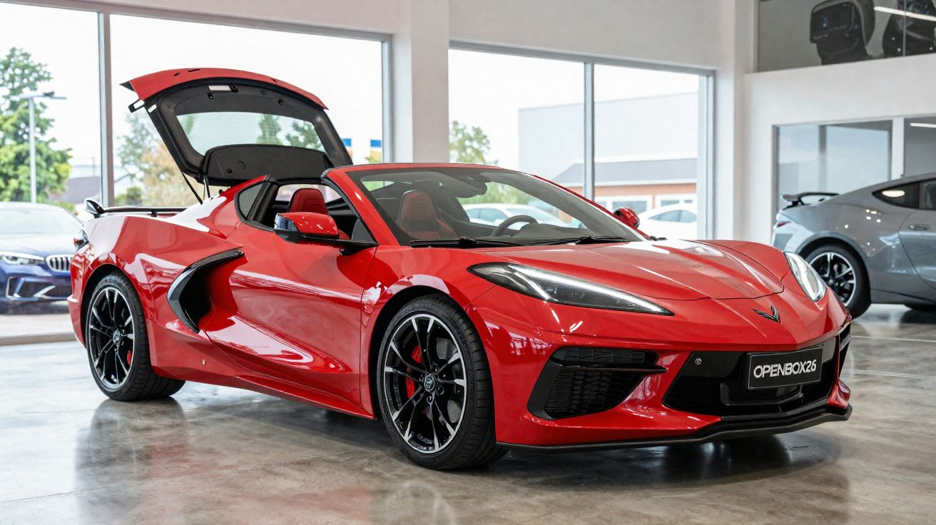 Carro esportivo conversível vermelho com porta-malas aberto em showroom moderno e iluminado.