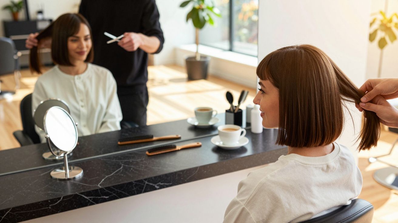 Mulher com cabelo curto sentada em salão de beleza enquanto cabeleireiro pega mecha para cortar.
