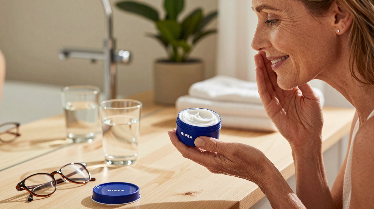 Mulher sorrindo aplicando creme facial Nivea em frente a pia com copos d'água e óculos.