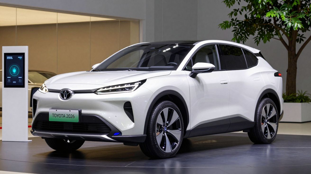 Carro elétrico SUV Toyota 2026 branco exposto em ambiente interno moderno com planta ao fundo.