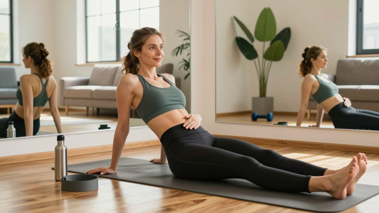 Mulher jovem vestindo roupa de ginástica sentada em tapete de yoga em sala com espelho e planta.