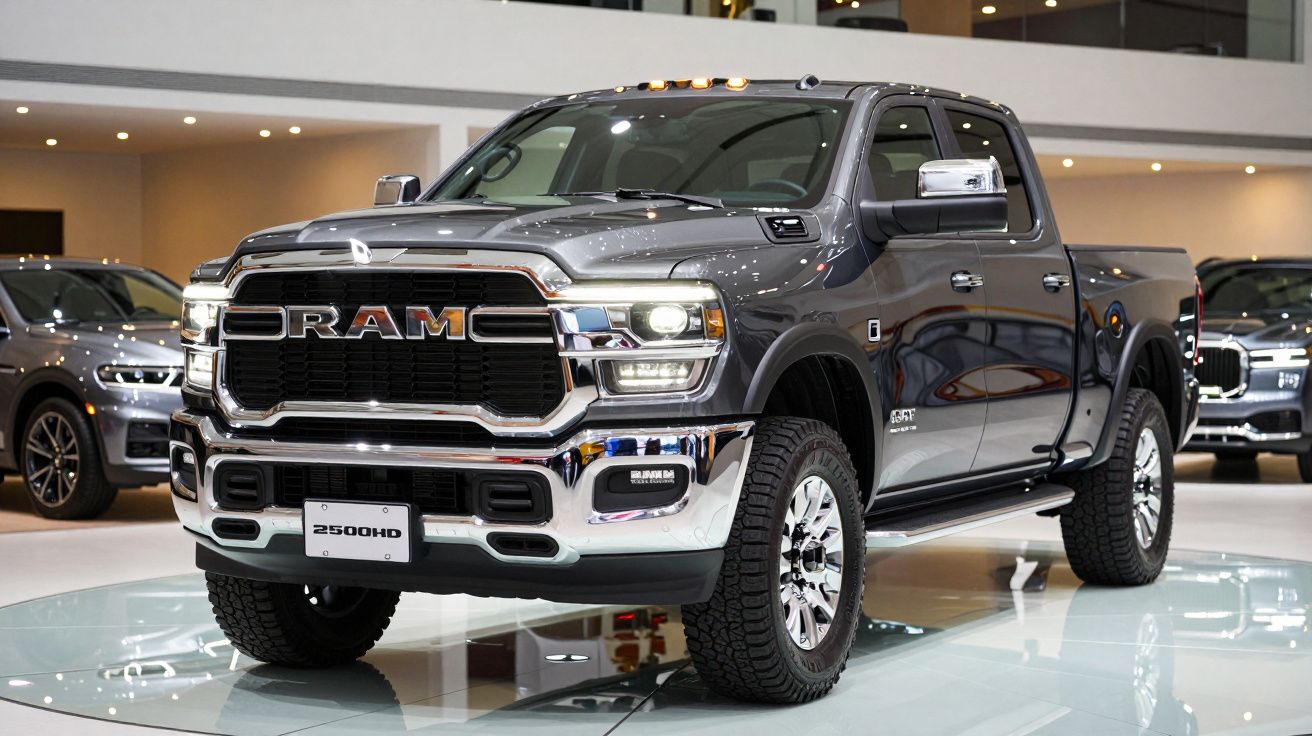 Picape RAM 2500HD cinza exibida em salão de automóveis com acabamento cromado e faróis acesos.