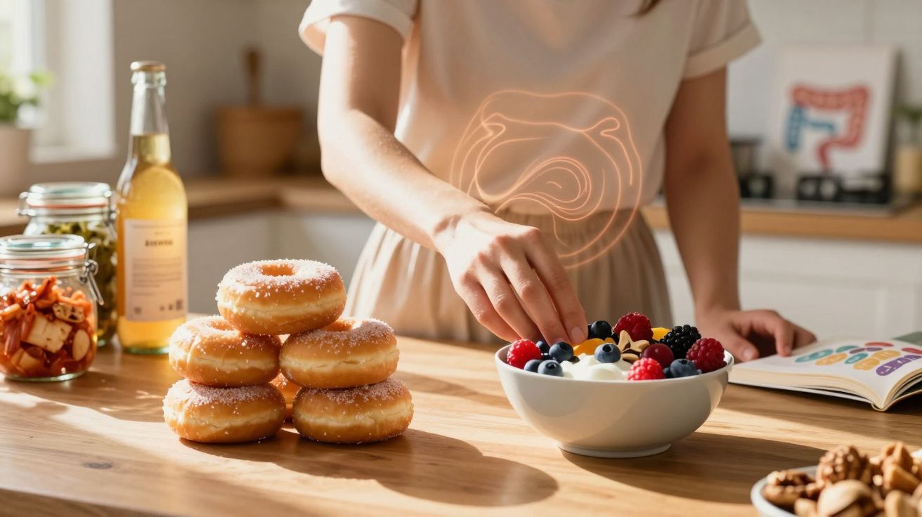 Pessoa segurando uma fruta sobre tigela de iogurte com frutas em cozinha ao lado de rosquinhas e bebidas.