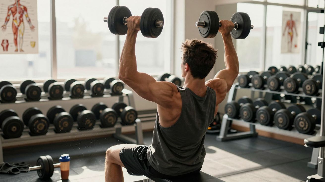 Homem musculoso realizando exercício com halteres em academia bem iluminada e equipada.