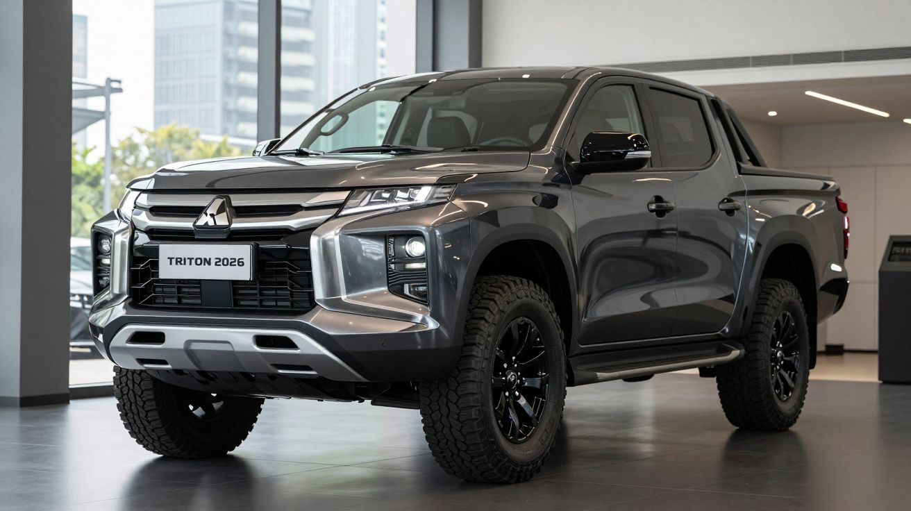 Picape Mitsubishi Triton 2026 cinza exibida em showroom moderno com vidro ao fundo.