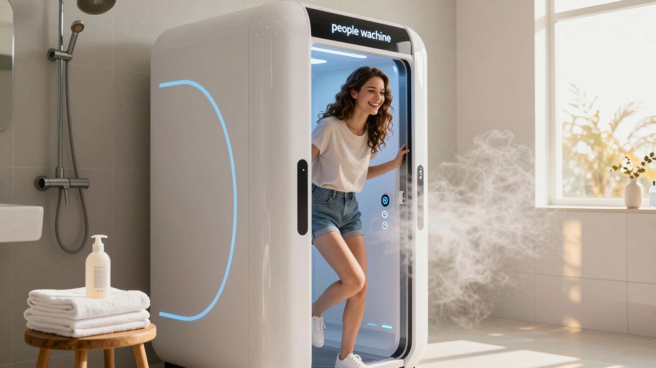 Mulher sorridente saindo de máquina de sauna a vapor em ambiente claro e arejado.