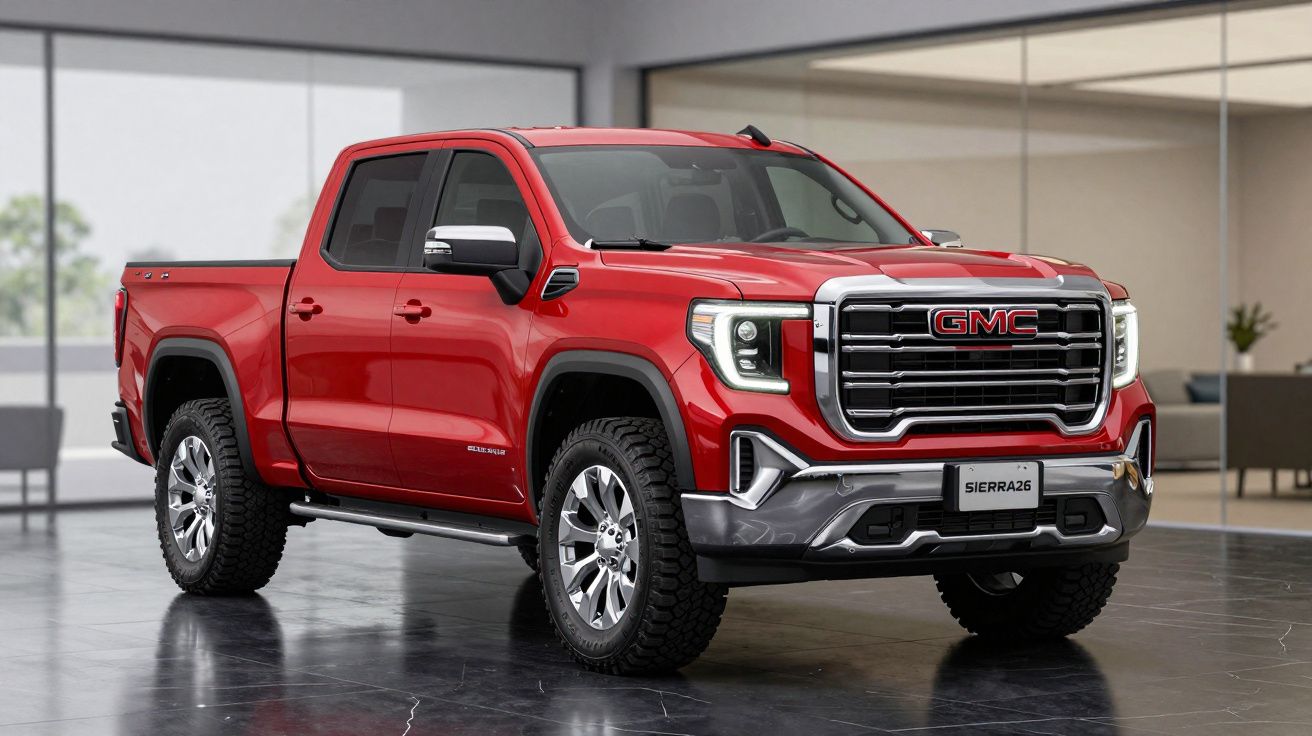 Picape vermelha GMC Sierra 2022 em ambiente interno moderno e sofisticado.