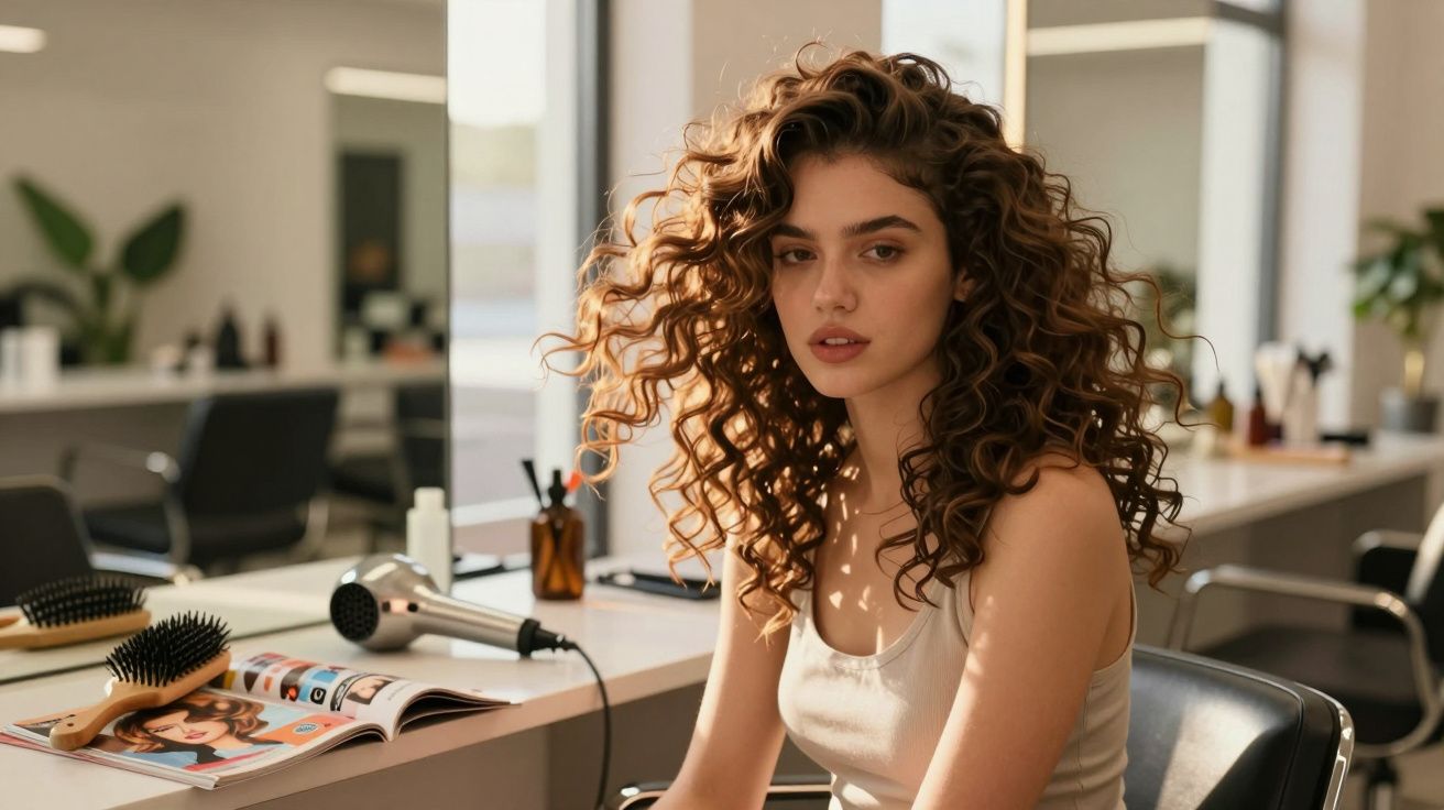 Mulher jovem com cabelos encaracolados sentada em salão de beleza com secador e escovas na bancada.