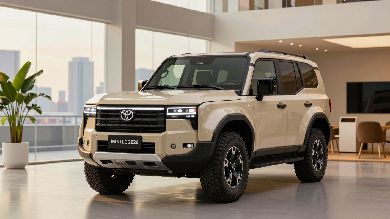 SUV Toyota Mini LC 2026 bege estacionado em ambiente interno moderno e iluminado.
