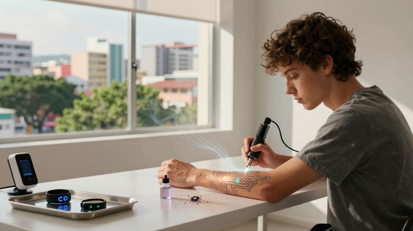 Jovem sentado em mesa aplicando dispositivo tecnológico no braço, simulando circuito eletrônico na pele.