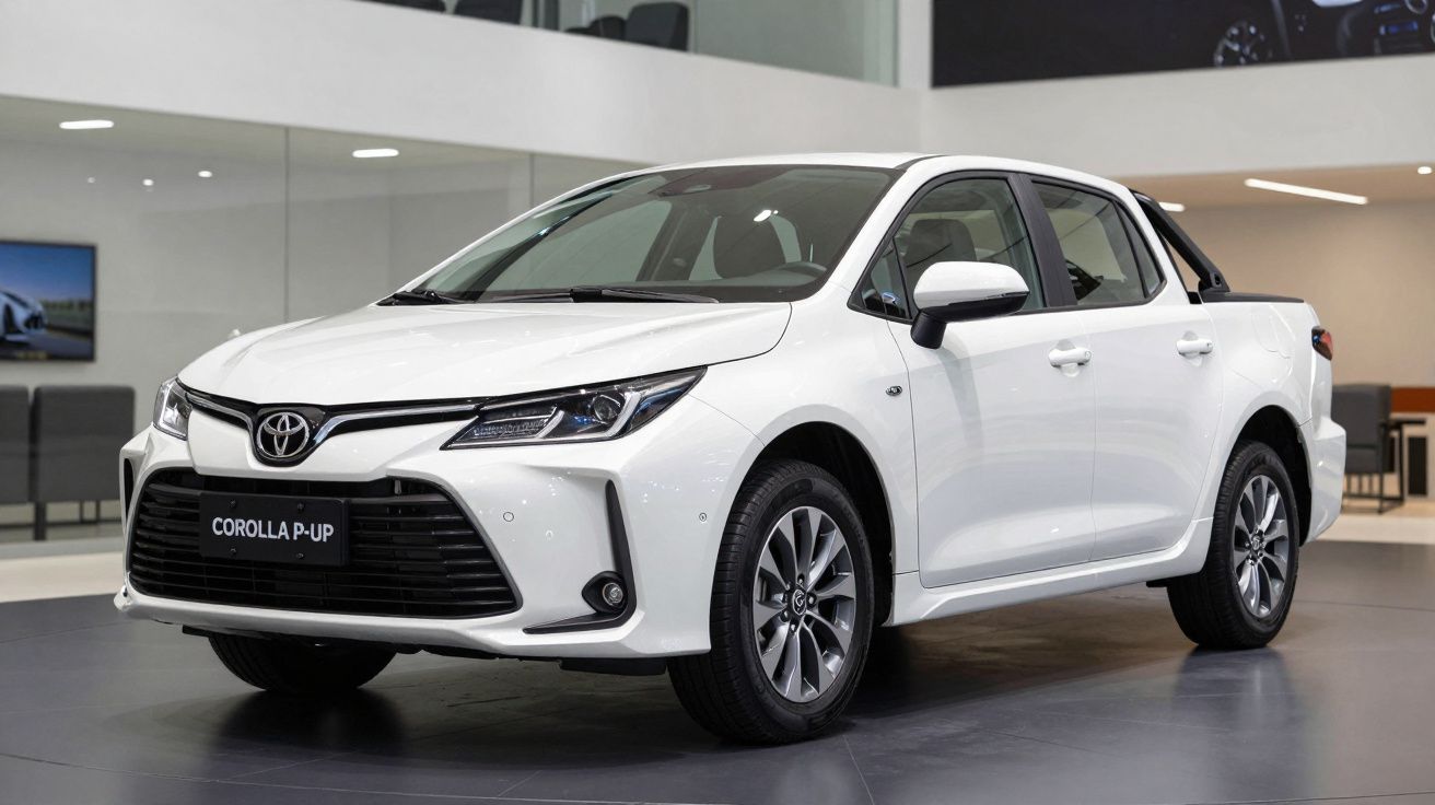 Picape Toyota Corolla P-UP branca exposta em ambiente interno, com design moderno e rodas esportivas.