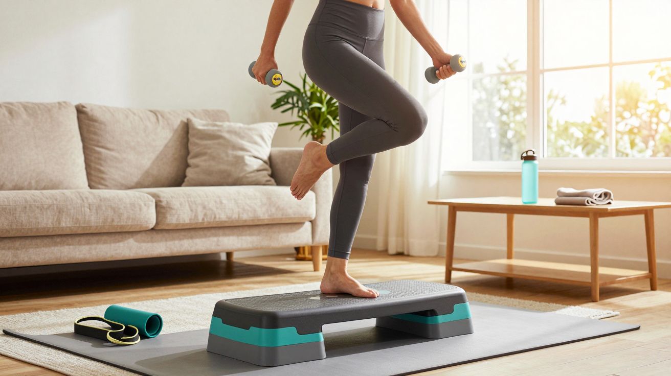 Pessoa fazendo exercício em casa com step, pesos e tapete em sala iluminada por janela ampla.